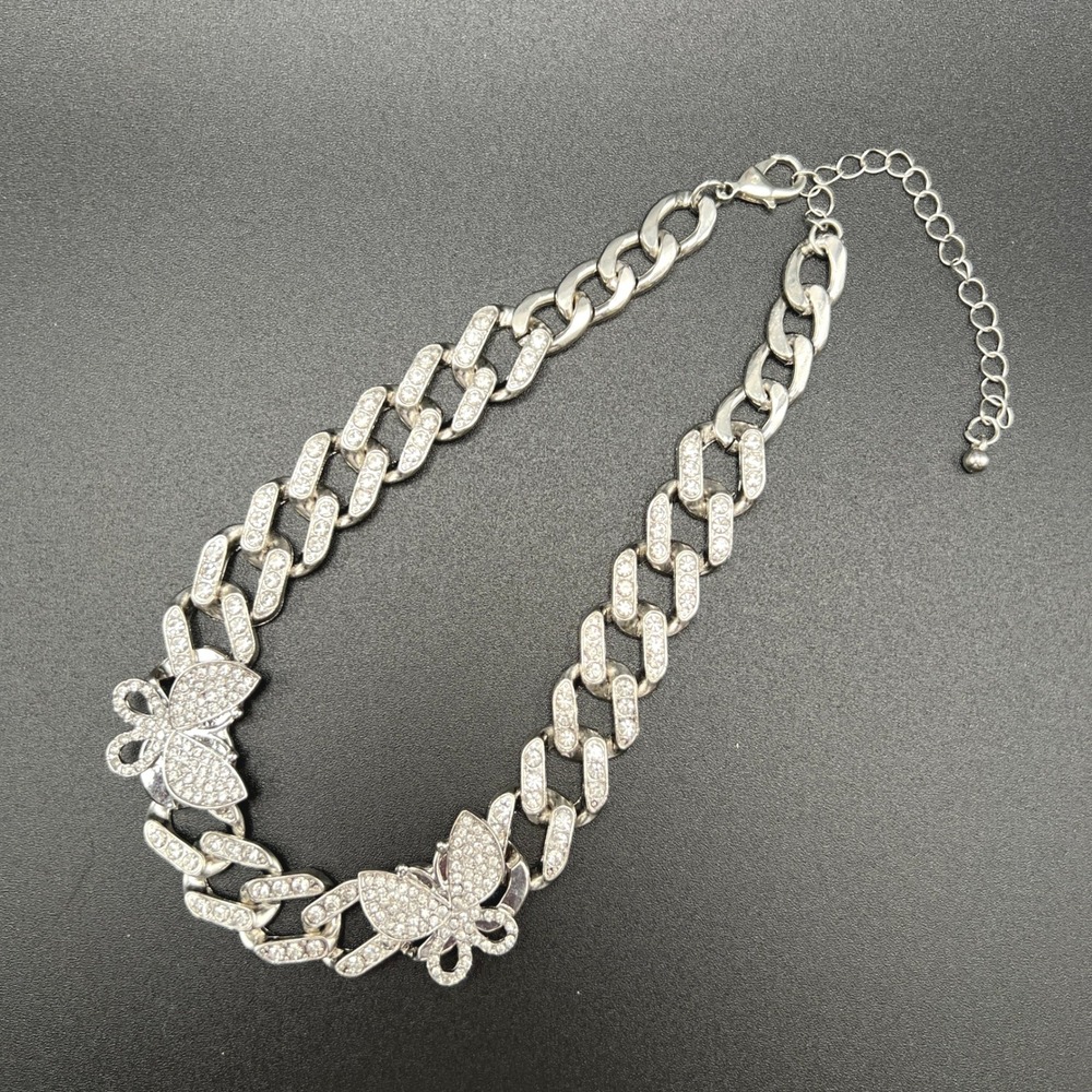 Butterfly Cuban Link Chain Necklace Silver Tone Y2K Rhinestone Bling Iced Out - Picture 2 of 9